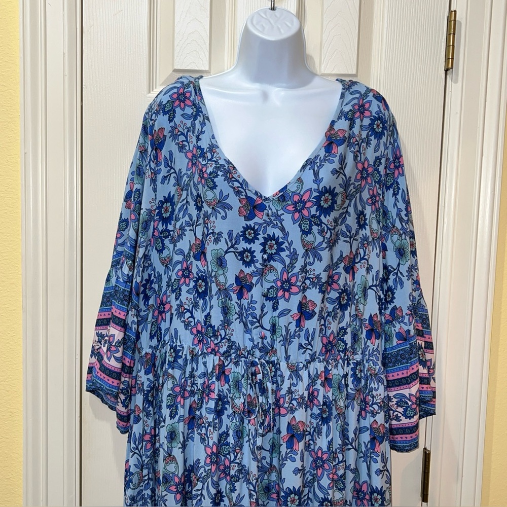 BloomChic Blue Floral V-Neck Maxi Dress Sz 22/24 Fairy Resortwear Cottagecore